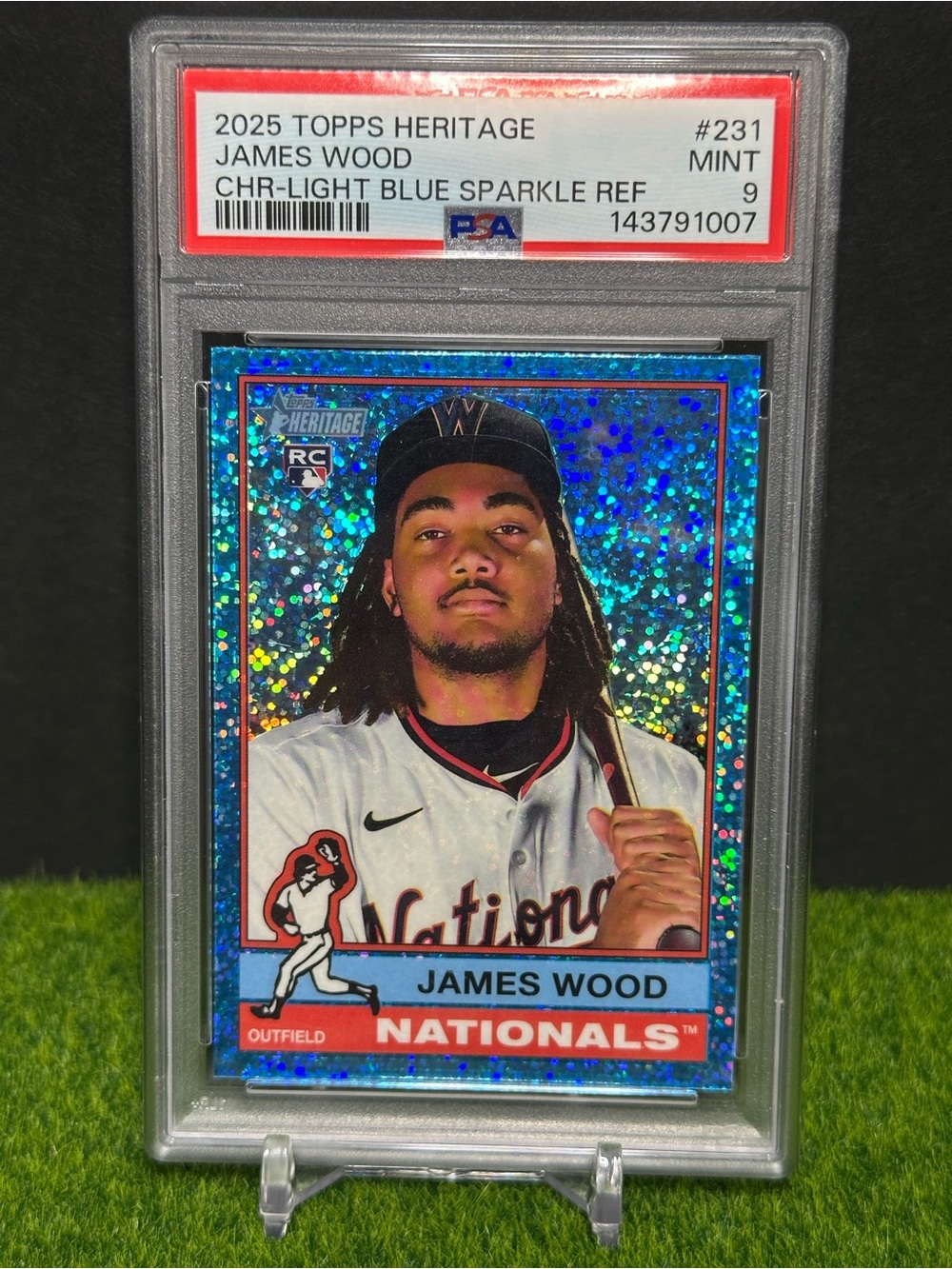 2025 Topps Heritage Nationals (RC) James Wood Light Blue Sparkle Refractor PSA 9